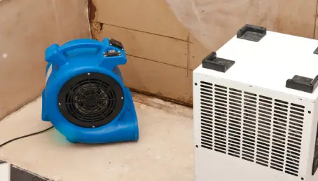 Industrial fans being used to dry a home after a flood, illustrating the professional restoration process when water damage is present.