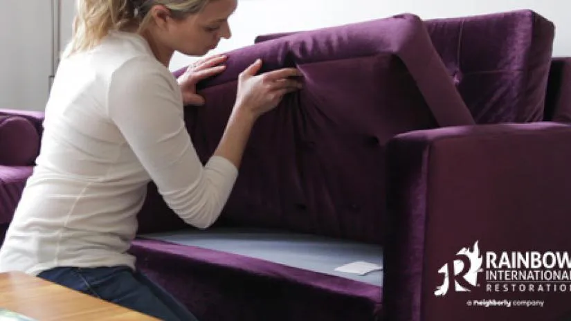 Woman cleaning fabric couch