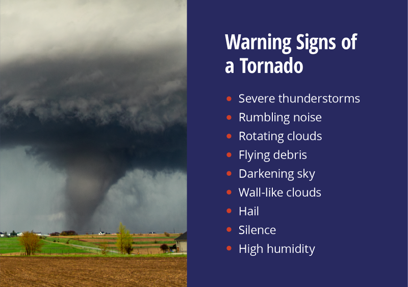 Warning signs of a tornado include severe thunderstorms, thundering noises, rotating clouds, flying debris, darkening sky, wall-like clouds, heavy hail, silence, and high humidity.