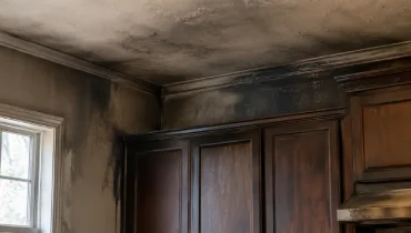 Soot and smoke residue cover the walls, ceiling, and cabinets of a kitchen after a house fire.