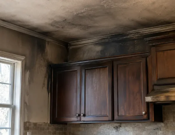 Soot and smoke residue cover the walls, ceiling, and cabinets of a kitchen after a house fire.