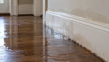 Standing water spreads across a hardwood floor and dampens the baseboard and lower wall after an indoor water leak.