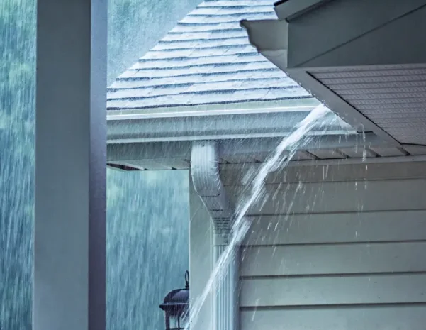Heavy rain pours from an overflowing roof gutter beside a Chattanooga home during severe weather.