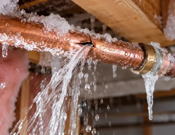 A frozen copper pipe has burst, spraying water into the surrounding framing after freezing temperatures.