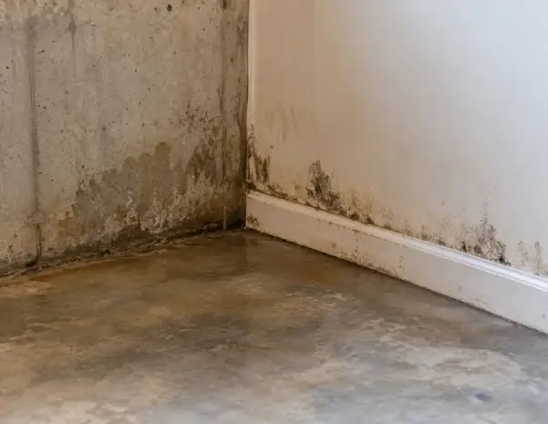 Mold growth and moisture staining are visible along the lower wall and baseboard of a damp basement.