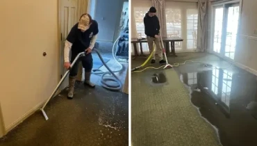 Two Rainbow Restoration of Tri-Cities, TN, service professionals cleaning up standing water inside a home after a storm.