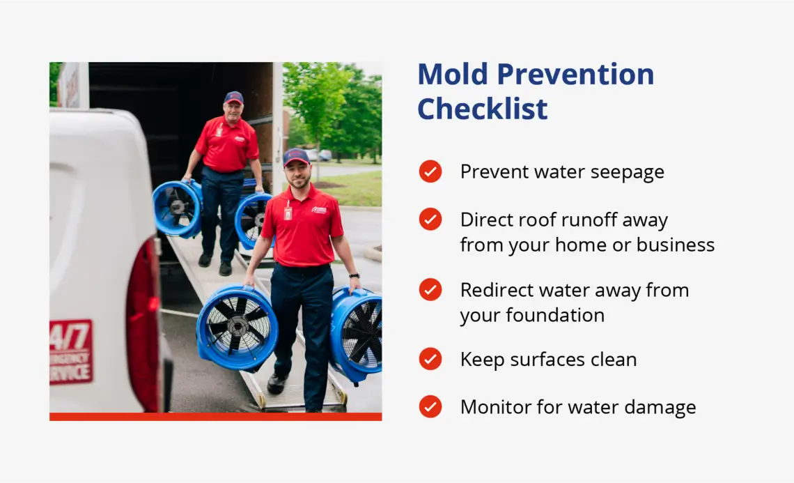 A mold prevention checklist with five steps, along with two Rainbow Restoration technicians carrying air movers to dry out water damage.