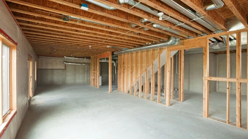 A newly constructed basement with concrete floors, walls open to the studs, and windows letting in natural light.